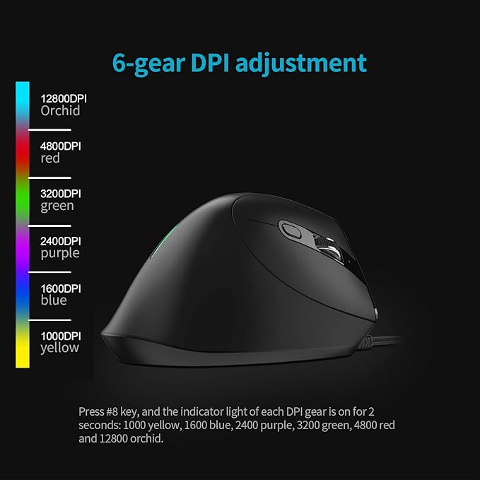 zelotes Wired Vertical Gaming Mouse,Ergonomic Design USB LED Optical Mouse with 9 Buttons and 4 Adjustable Sensitivity 1000/1600/2400/3200/4800/12800 DPI for Computer,Black… (T50Wired)