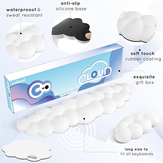 Cloud Wrist Rest for Computer Keyboard Arm Wrist Rest with Non-Slip Base Extended Wrist Rest Ergonomic Memory Foam for Keyboard and Mouse Typing Pain Relief, Office, Gaming, Computer (cloud white set)