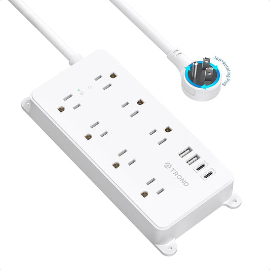TROND Surge Protector Power Strip with 360° Rotating Plug, 7 Widely-Spaced Outlets, 2 USB-A and 2 USB-C, ETL Listed, Flat Plug 5ft Extension Cord, Wall Mountable, 1700J, for Home Office Garage, White