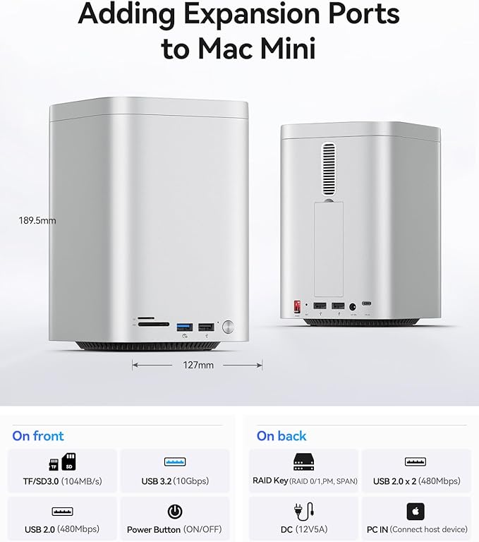ORICO MiniTower 2 Bay RAID Enclosure Compatible NVMe SSD 10Gbps with Expansion Hub Docking Station for Mac mini M4 Max Up to 56TB-M435