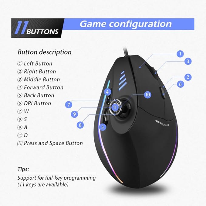 Zeerkeer Ergonomic Vertical Mouse, RGB Wired Vertical Gaming Mouse with Joystick, 10000 Max DPI and 11 Programmable Buttons for Gamers, Computer (Wired)