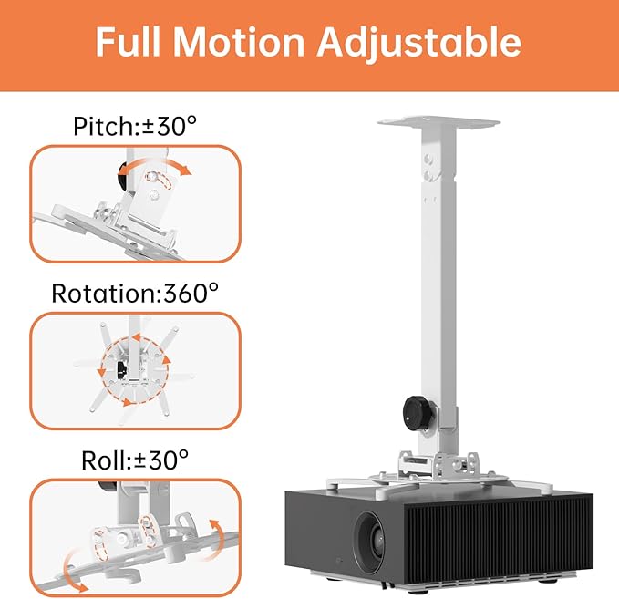 JOY worker Universal Projector Ceiling Mount Wall Bracket Holder Fits Flat or Sloped Ceiling Height Adjustable with Extendable Arms for Home and Office Projector, White