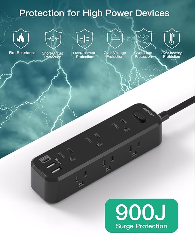 Mifaso Extension Cord, Surge Protector Power Strip, Long Power Strip with 9 Outlets 3 USB Ports, Extension Cord with Multiple Outlets, USB Power Strip for Dorm Room Essentials, College(10FT, Black)