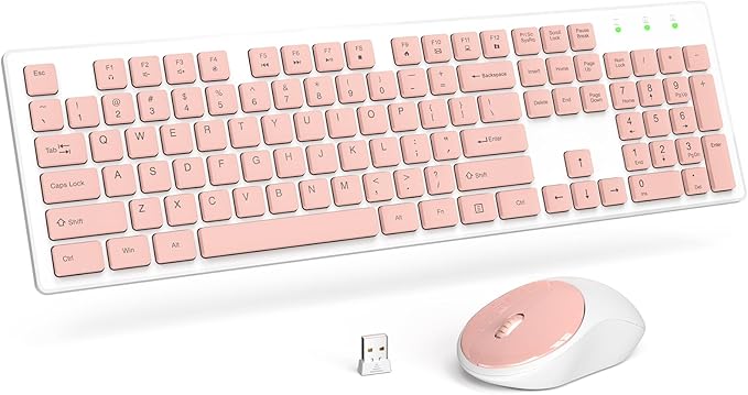Trueque Wireless Keyboard and Mouse Combo - Full-Size Quiet Keyboard with Palm Rest, Phone Holder, Multimedia Keys, Power Switch, Batteries Included, Compatible with Windows, PC, Laptop (Pink & White)