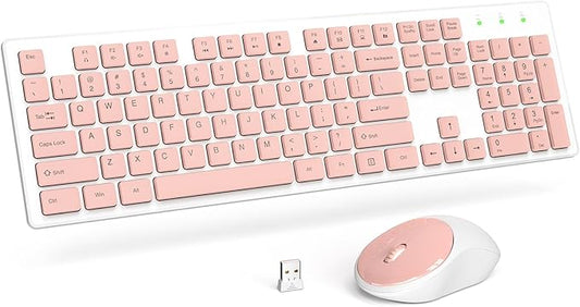 Trueque Wireless Keyboard and Mouse Combo - Full-Size Quiet Keyboard with Palm Rest, Phone Holder, Multimedia Keys, Power Switch, Batteries Included, Compatible with Windows, PC, Laptop (Pink & White)