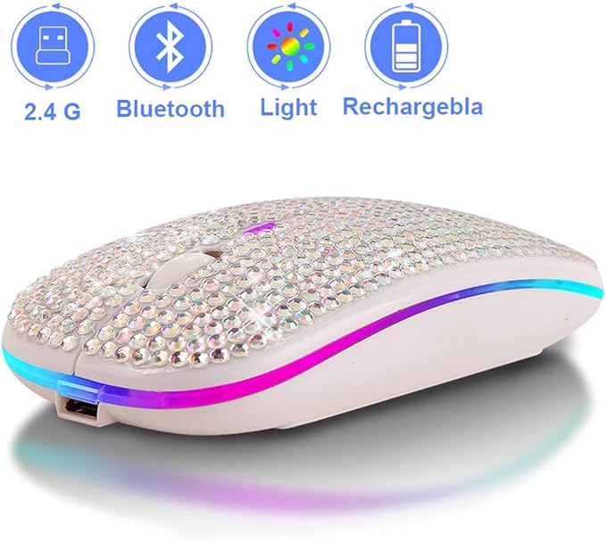 Bluetooth Mouse,Bling Dazzling 2.4GHz Rechargeable Wireless Mouse Slim Mouse with USB Receiver, Compatible with Notebook, PC, Laptop, Computer, MacBook,Great Present idea for Her (White)