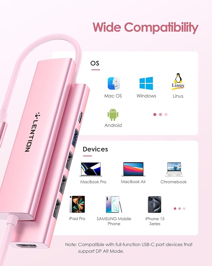 LENTION USB C Hub Multiport Adapter with 100W Charging, 4K HDMI, 4 USB-A Data Ports, Type C Hub for 2016-2026 MacBook Pro/Air/Neo, Surface, Chromebook, USB Splitter for iPhone 15-17 (CH17, Rose Gold)