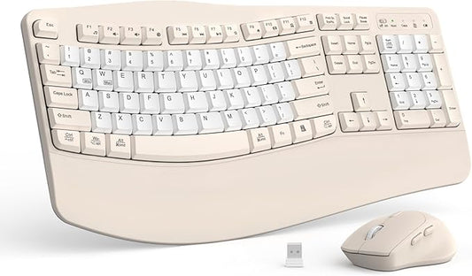 Ergonomic Wireless Keyboard and Mouse Combo, Wave Keys Keyboard with Wrist Rest for Natural Typing, 3 DPI Adjustable Ergonomic Silent Mouse for Computer/Laptop/Windows/Mac (Latte Color-B)