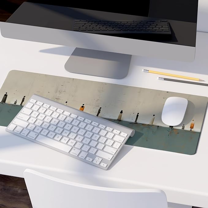 Beige Green Summer Beach Mouse Pad,XL Large Art Minimalist Abstract People Desk Mat,Aesthetic Calming Beach Crowd Desk Mat for Home Office Dorm Desktop Decor,31.5x11.8 Inch