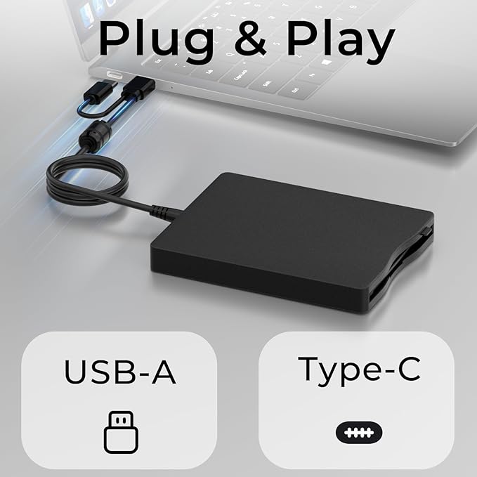 USB Floppy Drive, External 3.5" USB & Type-C Floppy Disk Reader, External Floppy Disk Drive Portable 1.44 MB Plug and Play FDD for PC Windows XP 7 8 10 11(Black)