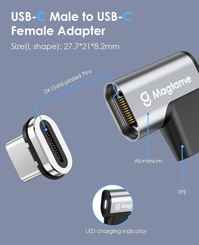 Magtame Magnetic 90 Degree USB-C Male to USB-C Female Adapter, 240W Right Angle 40Gbps Data Transfer 4K Video Output Compatible with ROG Ally, Steam Deck, Switch, iPhone 15/15 Pro Max Black