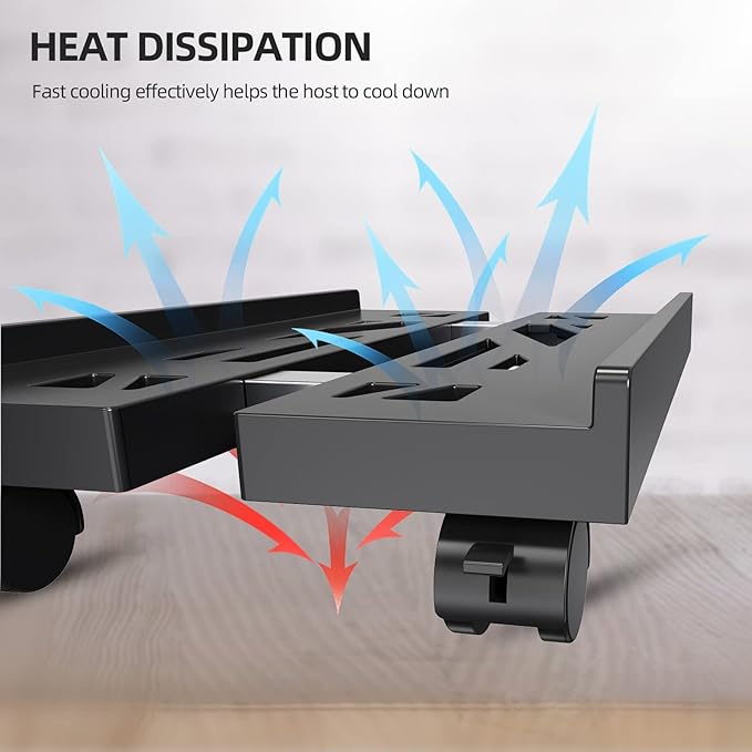 Adjustable Mobile CPU Stand, Ventilated Computer Tower Stand with 4 Caster Wheels Fits Most PC Tower, Under Desk CPU Holder PC Floor Cart Computer Riser for Students and Gamers (Black)