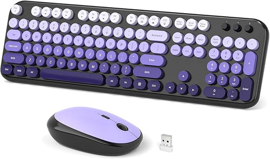 Wireless Keyboard Mouse Combo, Typewriter Full Size Keyboard and 2 in 1 USB Connected Mouse for Windows 7/8/10, Laptop, Desktop, PC, Computer (Black Purple)