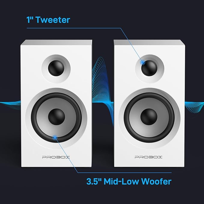Powered Bookshelf Speakers HiFi Computer Gaming Monitors with Bluetooth 5.3 & 24-Bit USB DAC Stereo Speaker PC Speakers 3.5" Woofer,1" Silk Dome Tweeter, Adjustable Bass/Treble BT16 - White