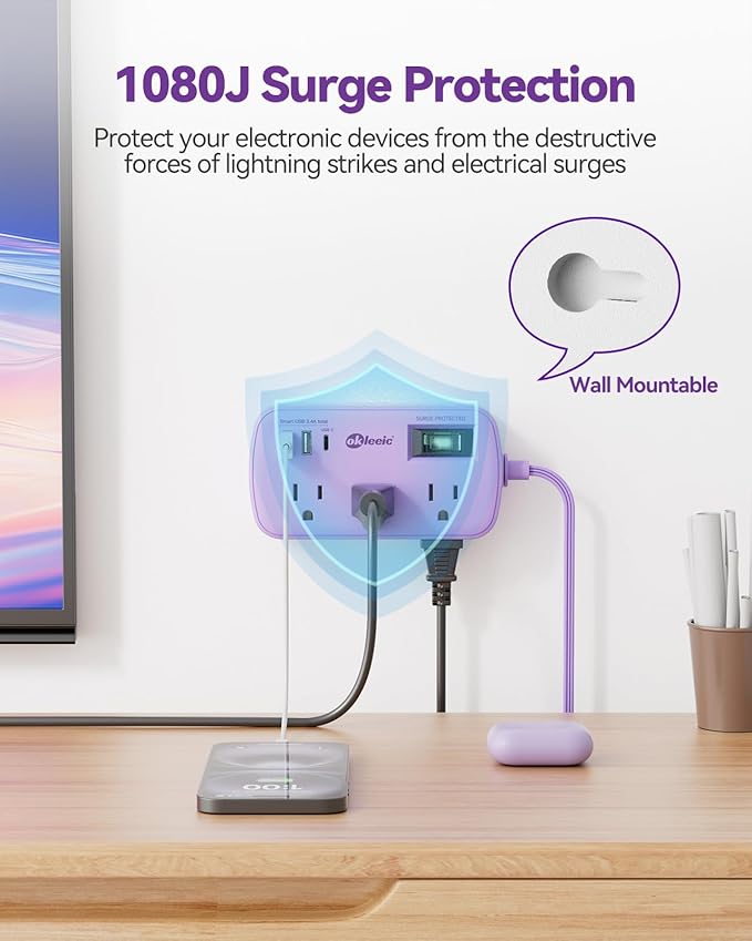 Purple Extension Cord with Surge Protected - Cute Travel Power Strip with 6 AC Outlet 3 USB (1 USB-C) Charging Station, Purple Desk Accessories Wall Mountable Cute Kawaii Lavender Office Dorm Room