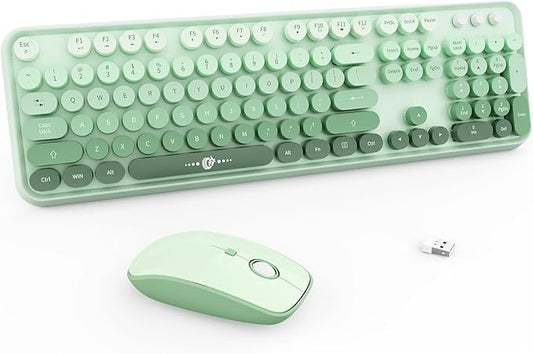 Sage Green Wireless Keyboard and Mouse Combo, Retro Typewriter Style Cute Bubble Keyboard with Round Keys, 2.4GHz Full Size Computer Keyboard and Mouse with 3 DPI for PC Laptop Windows (Mint Green)