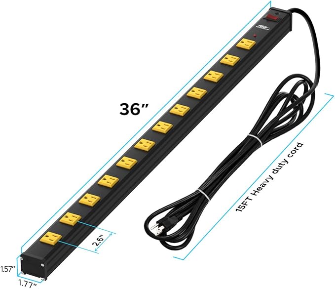 CRST Heavy Duty Surge Protector Power Strip Wide Spaced 12-Outlet 15 Feet Long Extension Cord with Mounting Brackets 15A Circuit Breaker 1800 Joules…