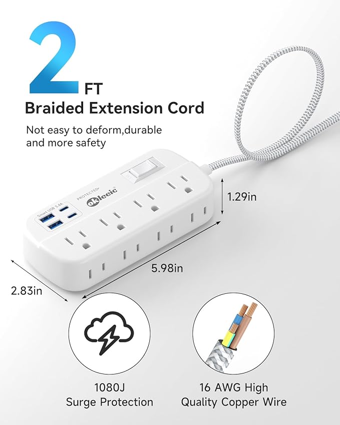 Short Extension Cord 2 Foot - Power Strip Flat Plug Surge Protetor with 8 Outlets 4 USB (2 USB C) Charging Ports, Multi Plug Wall Outlet Splitter for Kitchen Bathroom Hotel Office Desktop Accessories