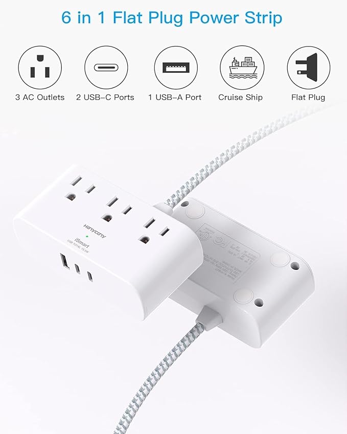 Cruise Ship Essentials, HANYCONY Short Extension Cord 1 Ft, Small Power Strip 3 Outlets 3 USB Ports(2 USB C), Ultra Thin Flat Outlet Extender with No Surge Protector for Dorm Room, Travel Accessories