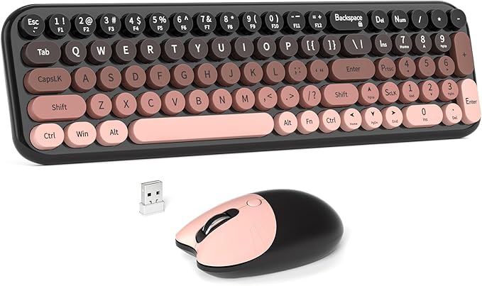 Wireless Keyboard and Mouse Combo, MOWUX Compact Typewriter Retro Round Computer Keyboard, Cute Optical Mouse Wireless, Plug and Play, for Laptop, PC, Computer- BlackBerry Gradient