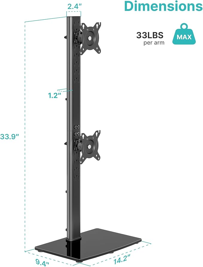 Vertical Dual Monitor Stand for 17–34 Inch Screens, Stacked Monitor Mount, Holds up to 33 lbs per Arm, Tabletop Screens Riser with Full Motion, 33.3" Pole 12 Height Settings, 75/100 VESA