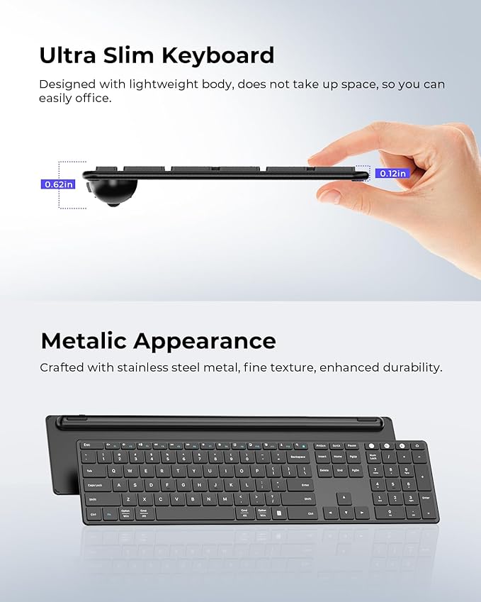 seenda Wireless Bluetooth Keyboard and Mouse Combo, SKM64-3 Rechargeable Slim Quiet Keyboard Mouse, 3 Multi-Device Connection, Compatible for Windows, Mac, MacBook, iPad, Tablet, Black