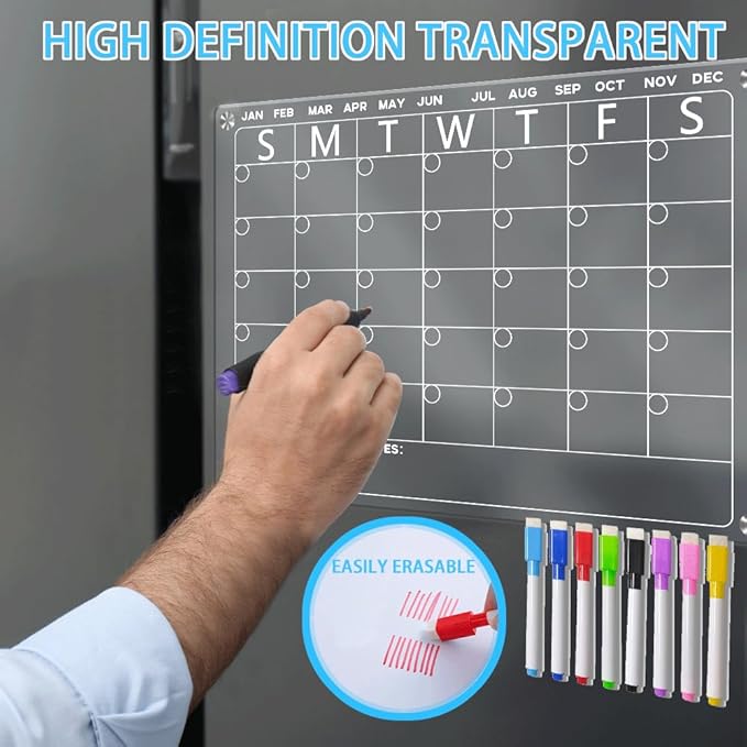 Magnetic whiteboard for Refrigerator，Dry Erase Calendar for Fridge，Calendar Board，Clear Monthly Planner with 8 Color Markers，16.5 * 11.7inch (Monthly)