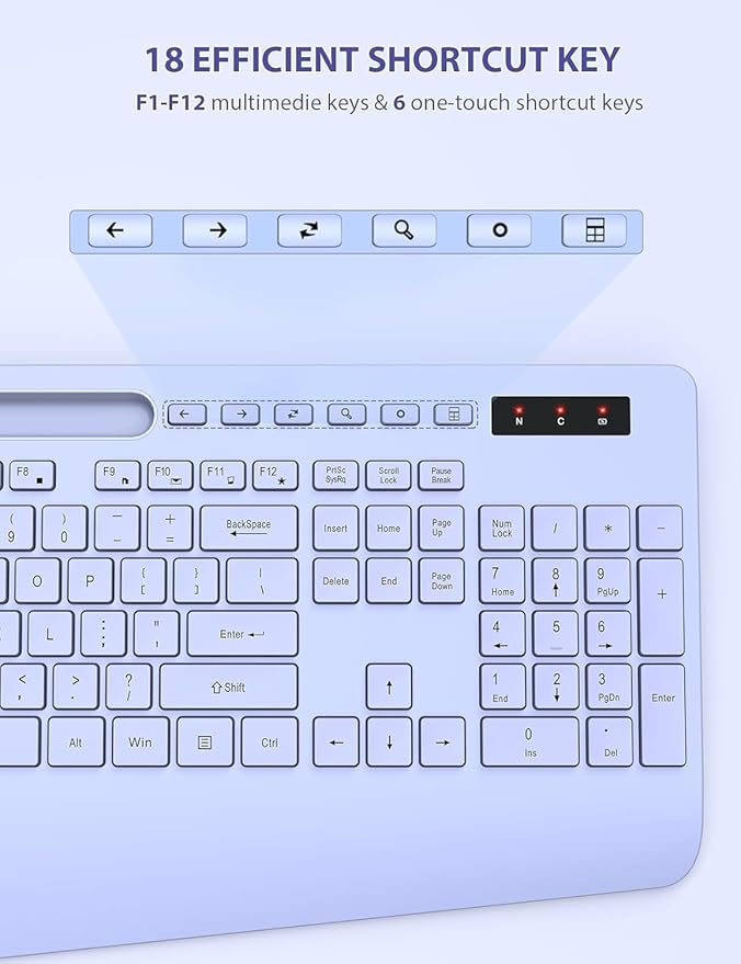 SABLUTE Wireless Keyboard and Mouse, Wrist Rest, Phone Holder, Batteries Included, 2.4G Lag-Free Ergonomic Keyboards Mouse Combo, KM23D Silent Keyboards Set for Computer, Laptop, PC, Windows, Purple