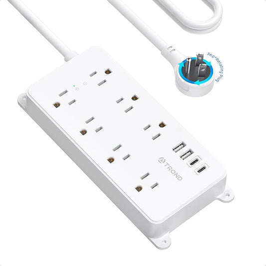 TROND 360° Rotating Plug Power Strip, ETL Listed, Flat Plug 10ft Extension Cord, 2 USB-A and 2 USB-C, Wall Mountable, 7 Widely-Spaced Outlets, 1700J Surge Protector, for Home Office Garage, White