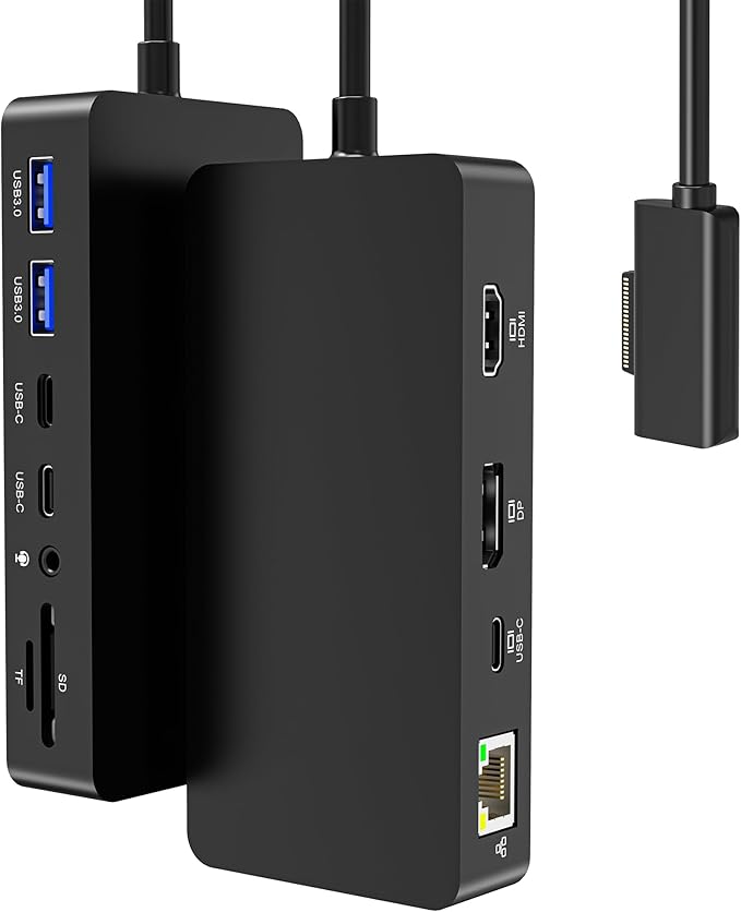 Surface Docking Station 12-in-1, Triple Display 4K@60Hz Dock with HDMI, DP, USB-C, 4-Screen Support, 4 USB Ports, SD/TF, Audio for Surface Pro 11/10/9/8/7, Surface Laptop, Book, Go