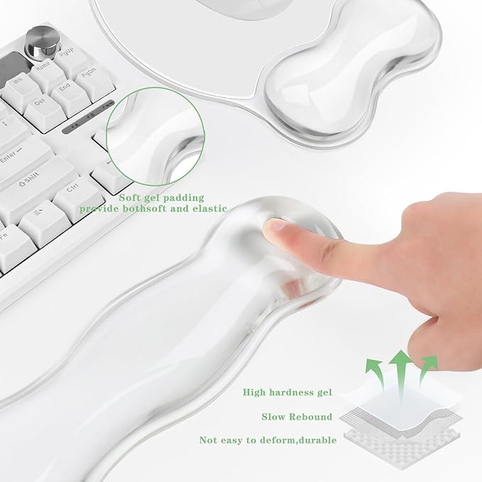 Wrist Rest for Keyboard- Ergonomic Gel Keyboard Wrist Rest and Mouse Pad Set, Non-Slip PU Base for Office, Laptop & Gaming - Clear White