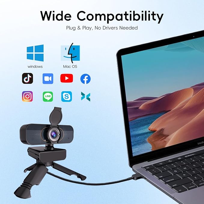 1080P PC Webcam with Built-in Noise-Canceling Microphone Physical Privacy Cover Automatic Light Compensation Ultra Wide-Angle Lens Plug and Play Suitable for Zoom/YouTube/Live/Streaming