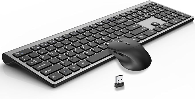 Wireless Keyboard and Mouse Combo, Full-Size Slim Keyboard with Numeric Keypad, Calculator Button, 2400 DPI Ergonomic Large Mouse for Right Hand, USB Cordless Set for Laptop PC Windows - Black & Grey