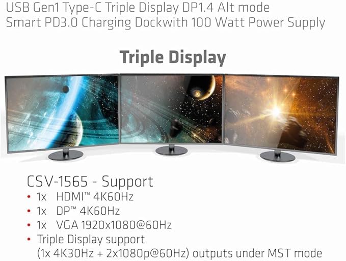 Club 3D CSV-1565 USB Gen1 Type-C Triple Display DP1.4 Alt Mode Smart PD3.0 Charging Dock with 100 Watt Power Supply