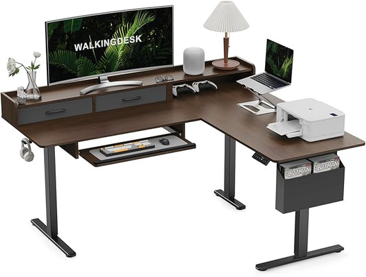 63 Inches Height Adjustable L Shaped Standing Desk with 2 Drawers and Keyboard Tray, Electric Sit to Stand Home Office Comupter Table, Ergonomic Corner Gaming Desk, Black Walnut