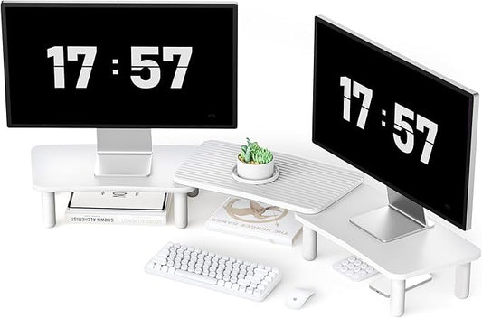 Dual Monitor Stand For Desk,Adjustable Height Long Wood Computer Riser For Computer,Laptop,Printer,TV,White
