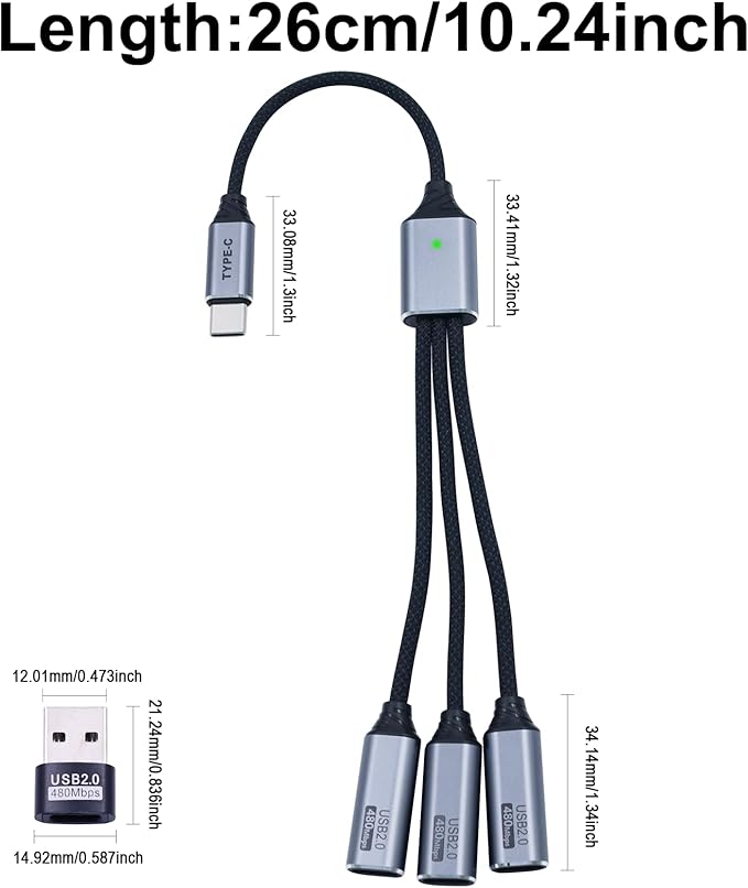 Danfetsoy USB C Splitter 1 in 3 Out Cable, USB C Y Splitter 1 Male to 3 Female Charging Cable & Type A Male to Type C Female Adapter Extension Converter for Laptop, MacBook, Phone, Hard Drive, 25cm