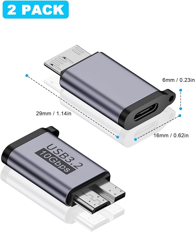 Duttek USB C to Micro B Adapter 10Gbps, Micro B to USB C Adapter 3.2, USB Type C Female to Micro B Male Converter for Hard Drive Cable, External Hard SSD Drive, Tablet, Phone, Laptop, 2 Pack Grey