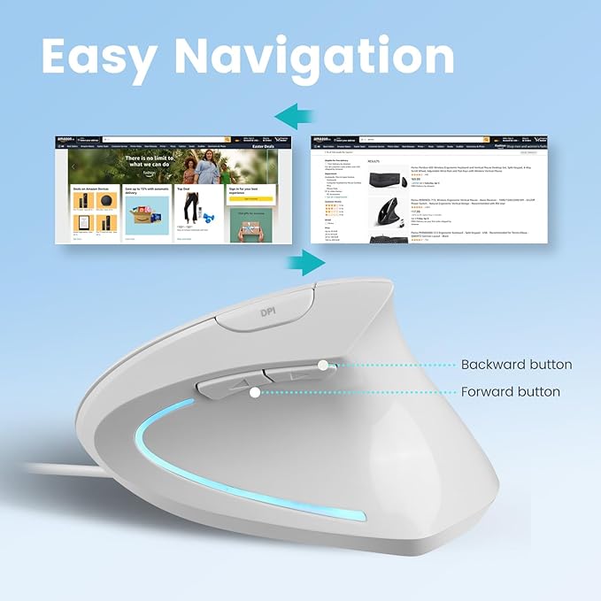 Perixx PERIMICE-513W Wired Ergonomic USB Mouse - 6 Buttons with 1000/1600 DPI - Vertical Right-Handed Design - White