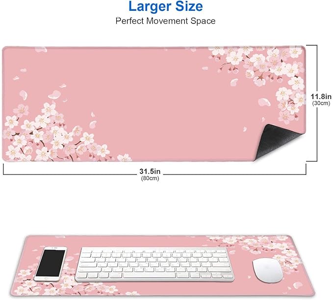 IMAYONDIA Pink Japanese Desk Mat, Cherry Blossom Large Gaming Mouse Pad, Non-Slip Rubber Base Mousepad for Women, Desk Pad for Work, Game, Office, 31.5x11.8 Inch- Sakura Flowers Aesthetic