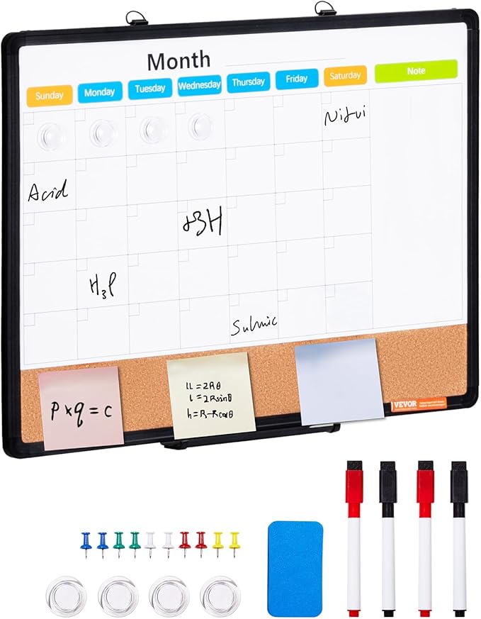 VEVOR 24"x 18" Monthly Calendar Whiteboard & Cork Board Combo with Aluminum Frame – 2-in-1 Magnetic Dry Erase Bulletin Board for Wall Mount – Ideal for School, Home, Office