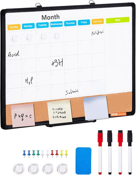 VEVOR 24"x 18" Monthly Calendar Whiteboard & Cork Board Combo with Aluminum Frame – 2-in-1 Magnetic Dry Erase Bulletin Board for Wall Mount – Ideal for School, Home, Office