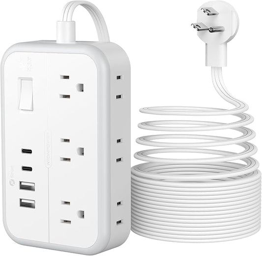 Flat Plug Extension Cord 25 ft, Power Strip, Outlet Extender with 6 Outlets 4 USB Ports, Overload Protection, Long Extension Cord with Multiple Outlets for Indoor, Home, Office, White