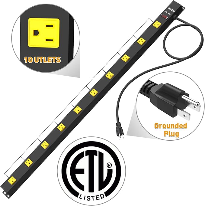 10 Outlet Long Power Strip, Wide Spaced Outlet Power Bar, Heavy Duty Metal Power Strip with 4FT Cord for Work Bench, Garage, Shop, Overload Protection Switch, ETL Listed (15A/1875W), Black