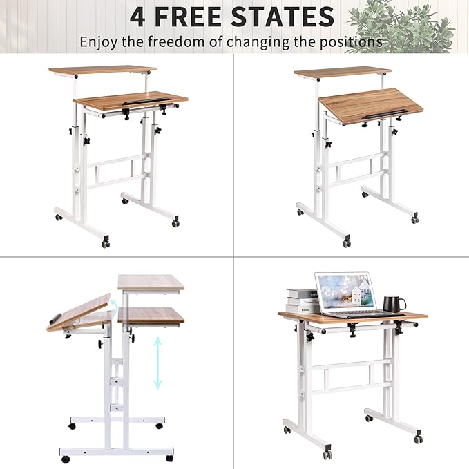 SIDUCAL Small Standing Desk, Portable Stand Up Desk, Height Adjustable Mobile Standing Table Converter with Wheels Computer Workstations, Rolling Laptop Cart for Stand or Sit, Vintage Oak