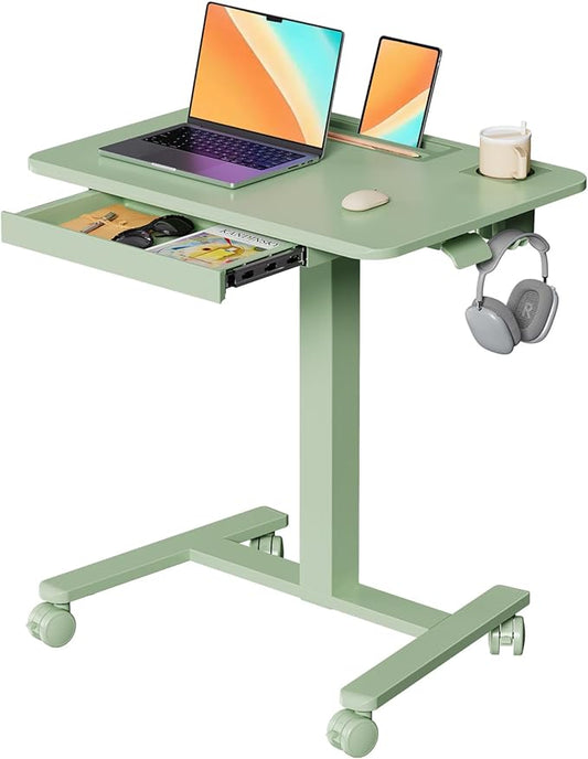 Mobile Standing Desk with Drawer, 28" Rolling Desk with Cup Holder and Hooks, Portable Laptop Workstation on Wheels, Height Adjustable Cart with Storage for Home Office, Sage Green