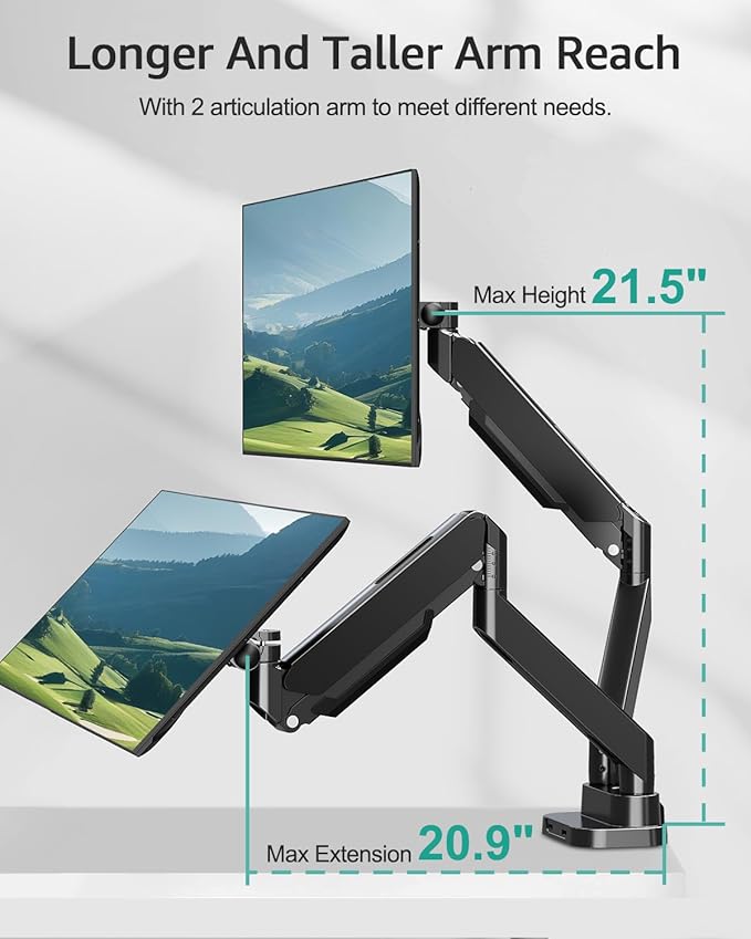MOUNT PRO Dual Monitor Desk Mount for 39" Ultrawide Screen up to 33lbs, Heavy Duty Monitor Arm Double Gas Spring Arms for 2 Monitors, Adjustable Computer Monitor Stand with USB, VESA 75x75 100x100