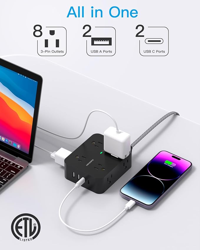Extension Cord 20 Ft, HANYCONY Power Strip Surge Protector with 8 Outlets 4 USB Ports(2 USB C), Long Cord, Flat Plug, Wall Mount, Desk USB Charging Station for Home Office Essentials