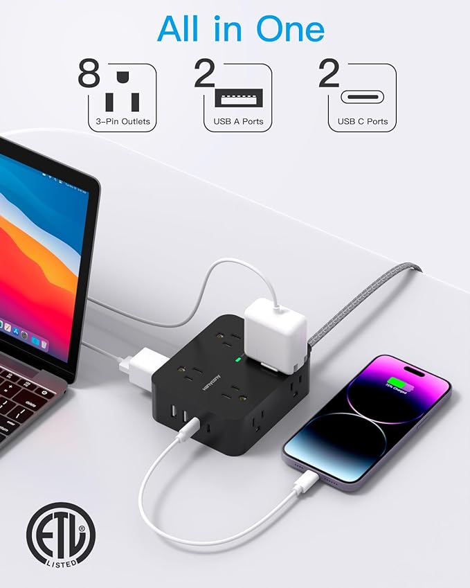 Extension Cord 6 Ft, HANYCONY Surge Protector Power Strip Long Cord 8 Outlets 4 USB Ports(2 USB C), Wall Mount, 1080J Surge Protection, Desk Charging Station for for Home Office Dorm Room Essentials