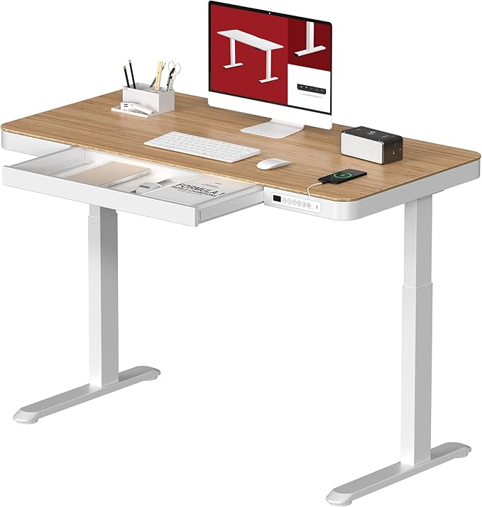 SANODESK Electric Standing Desk with Drawer, Desktop & Adjustable Frame with USB Charge Ports (Bamboo-Look Laminate/White, Wood)